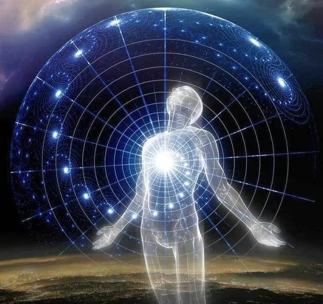 silueta de una persona iluminada, alma, conectándose con el universo